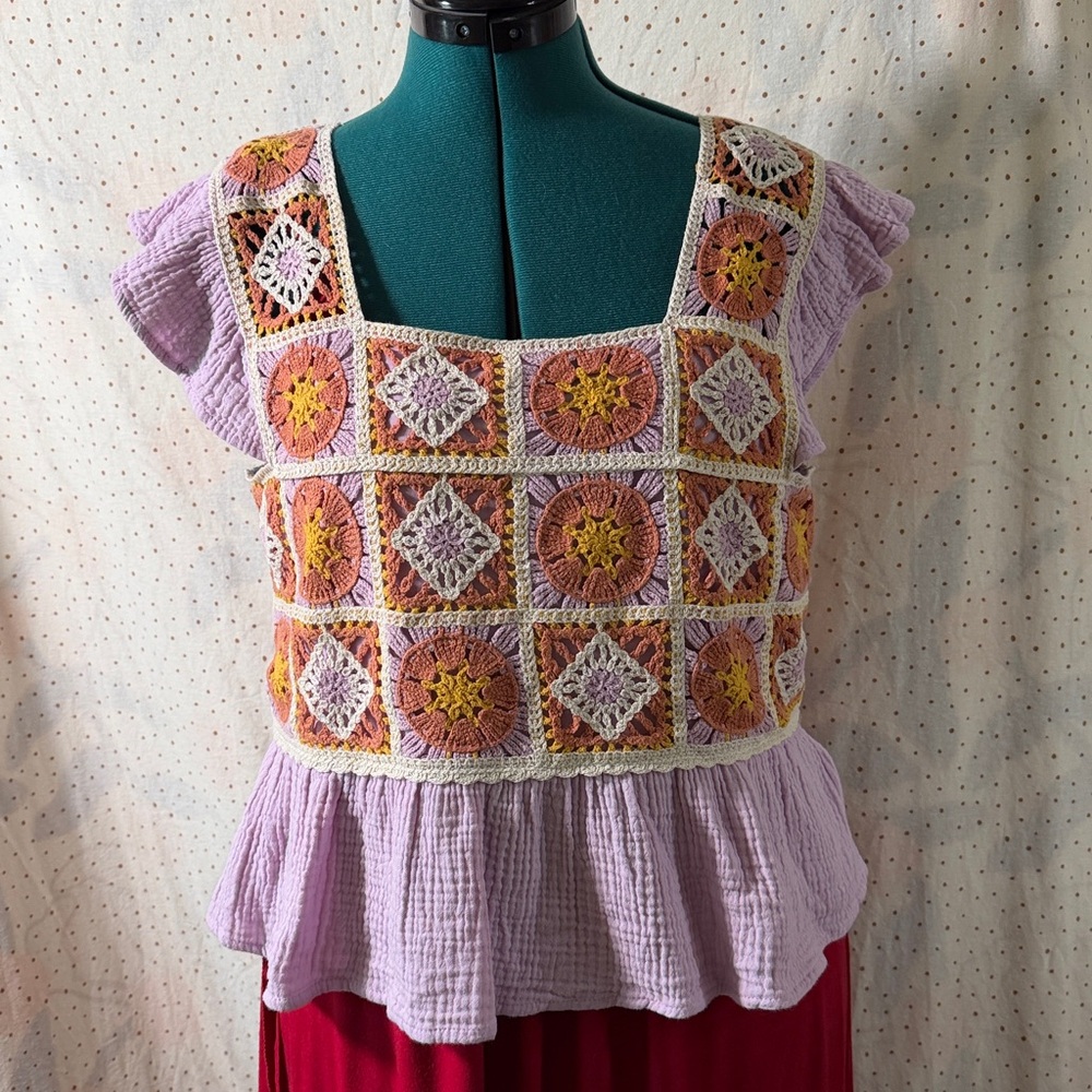 Entro Lavender Crochet Patchwork Blouse - image 3